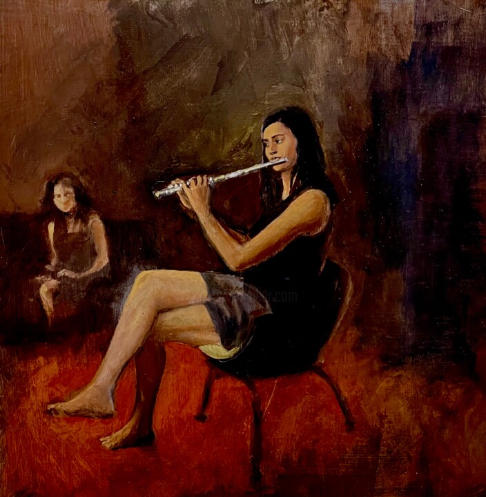 Painting titled "Girl With Flute" by Peter Babakitis, Original Artwork, Oil