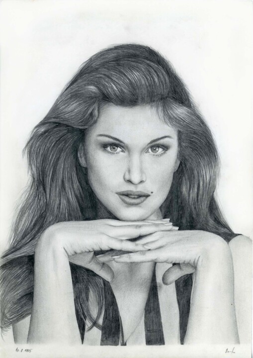 Desenho intitulada "Cindy Crawford" por Peter Bahurinský, Obras de arte originais, Lápis