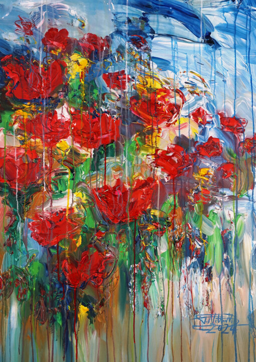 Painting titled "Red Poppies M 2" by Peter Nottrott, Original Artwork, Acrylic