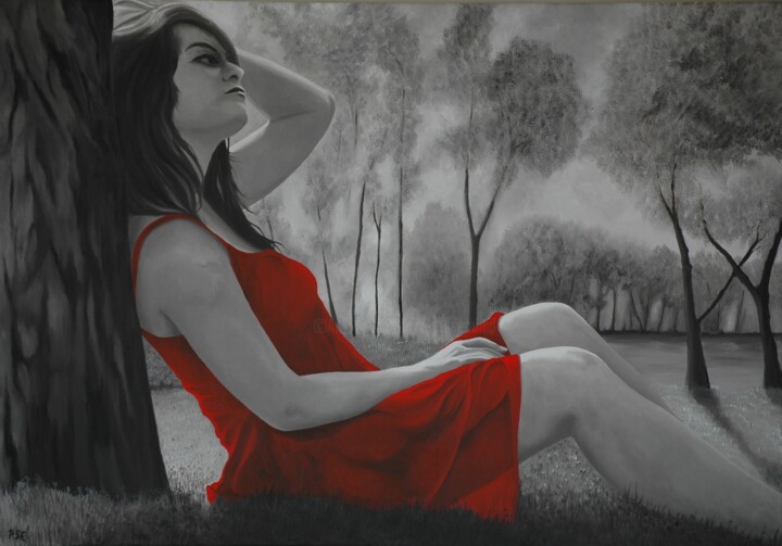 Painting titled "Red Dress relaxing" by Peter Seminck, Original Artwork, Oil