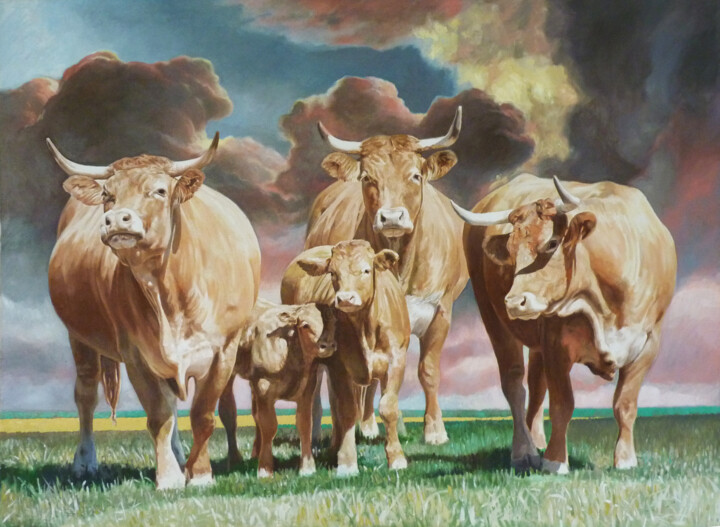 Digital Arts titled "Charente Cows with…" by Peter Wingham, Original Artwork, Digital Painting