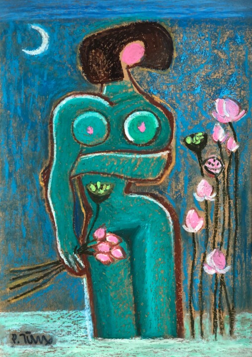Painting titled "Woman and Lotus flo…" by Tung Duc Pham, Original Artwork, Pastel