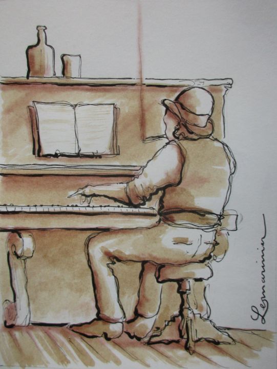 Drawing titled "Le pianiste" by Philippe Lemarinier, Original Artwork, Ink