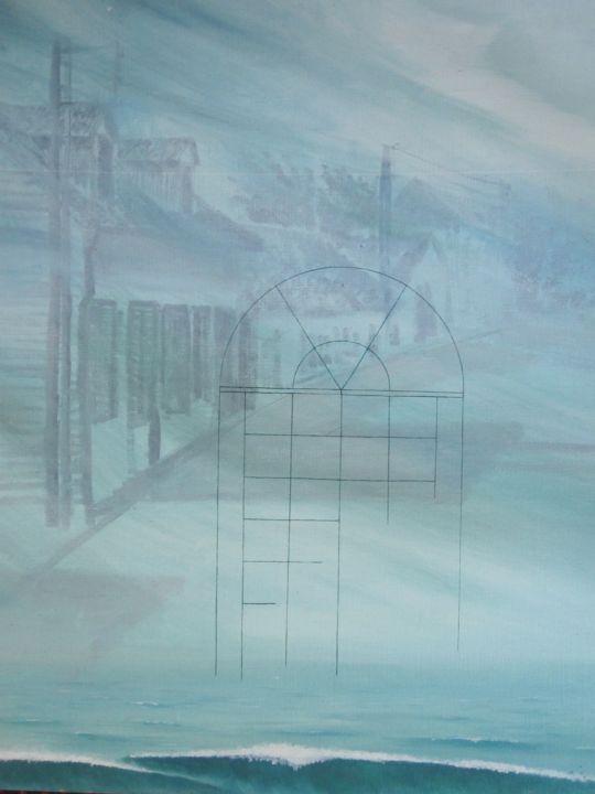 Schilderij getiteld "Le Voyage VI" door Philippe Manson, Origineel Kunstwerk, Olie Gemonteerd op Frame voor houten brancard