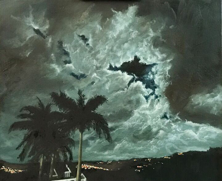 Painting titled "Caribbean Moonlight" by Philippe Manson, Original Artwork, Oil Mounted on Wood Stretcher frame
