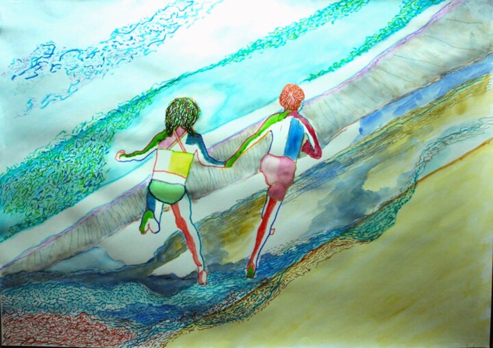 Pintura intitulada "courir" por Philip Moreau, Obras de arte originais, Aquarela
