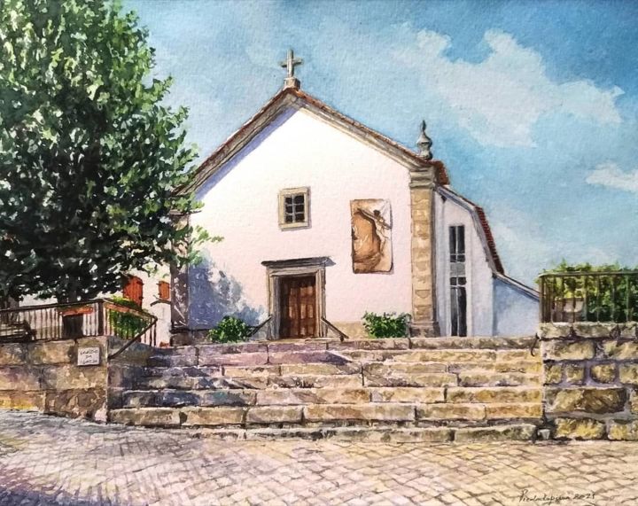 Painting titled ""Largo da Igreja -…" by Piedade Pina, Original Artwork, Watercolor