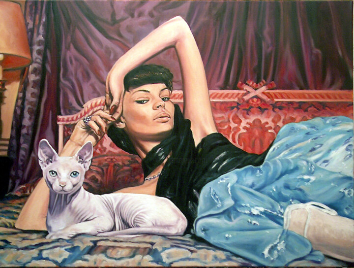 Painting titled "Le chat et la Diva.…" by Pierre Arbassette, Original Artwork, Oil Mounted on Wood Stretcher frame