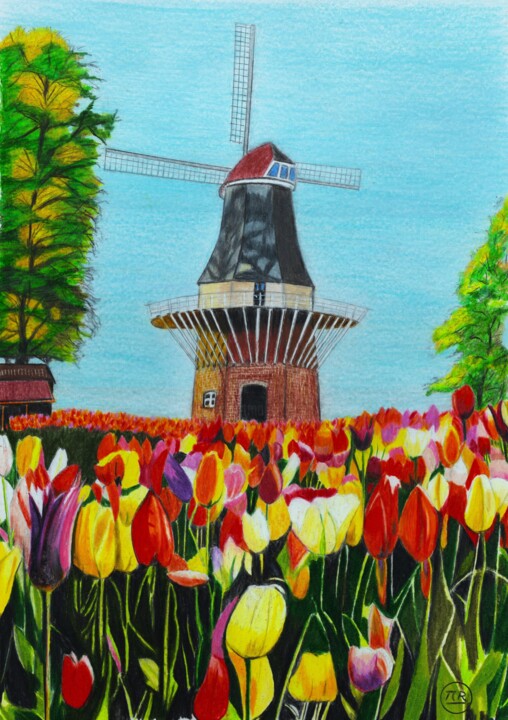 「Keukenhof」というタイトルの描画 Pierre Bayetによって, オリジナルのアートワーク, 鉛筆