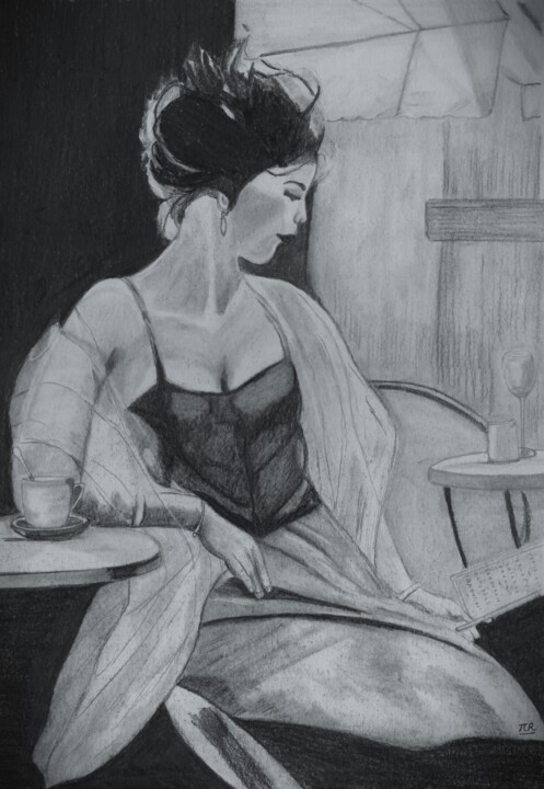Dibujo titulada "Dame en terrasse" por Pierre Bayet, Obra de arte original, Lápiz