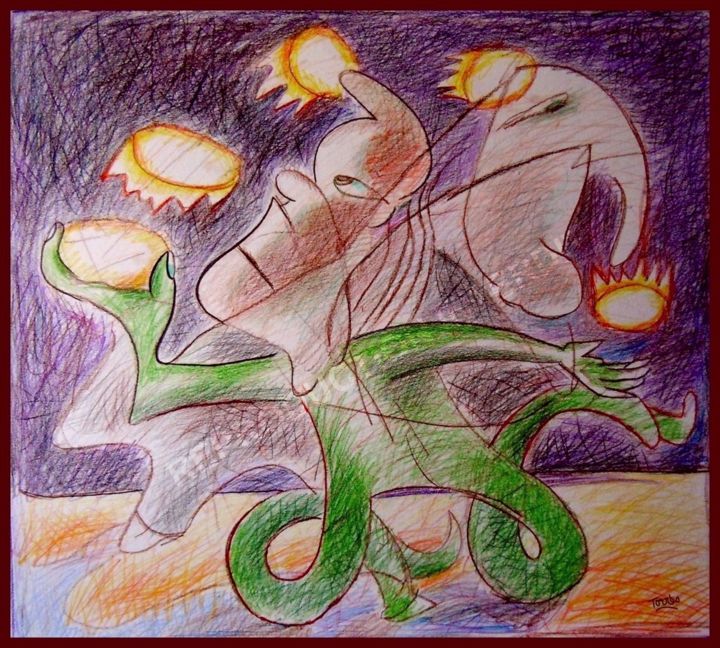 Рисунок под названием "Le jongleur d'étoil…" - Pierre-Louis Torres, Подлинное произведение искусства, Цветные карандаши