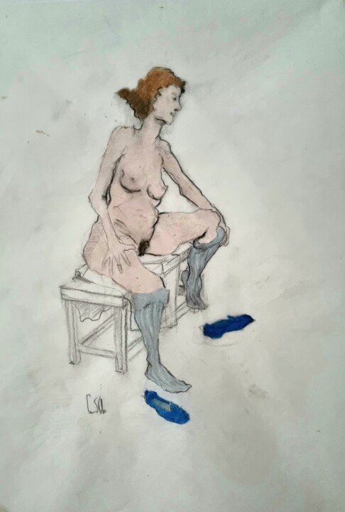 Zeichnungen mit dem Titel "Femme assise sur un…" von Pierre Milosavljevic, Original-Kunstwerk, Kohle