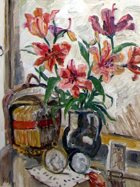 Malerei mit dem Titel "Bouquet et panier e…" von Pierre Jean Delpeuc'H, Original-Kunstwerk, Acryl
