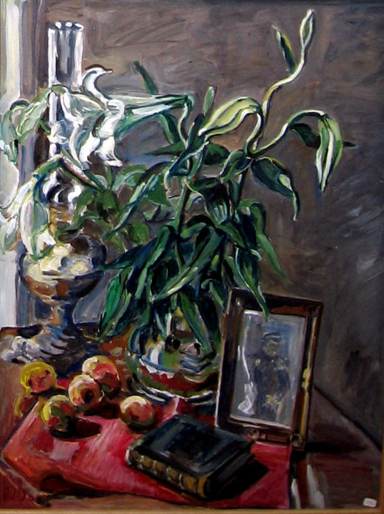 Malerei mit dem Titel "Bouquet de lys et p…" von Pierre Jean Delpeuc'H, Original-Kunstwerk, Acryl