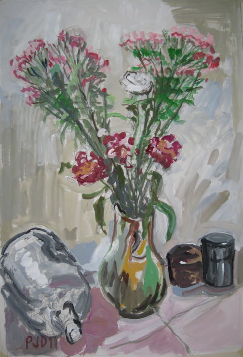 Malerei mit dem Titel "Bouquet et cruche r…" von Pierre Jean Delpeuc'H, Original-Kunstwerk, Acryl