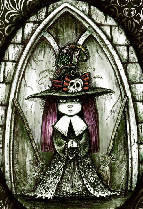 Gothic Girl With Hat - Illustration Cart, Painting by Gothic Sweet By