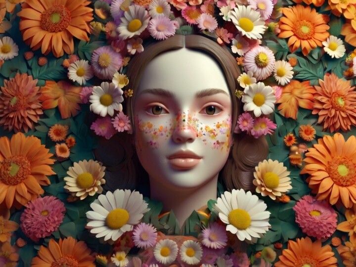 Arts numériques intitulée "Girl and flowers" par Pixqix, Œuvre d'art originale, Image générée par l'IA