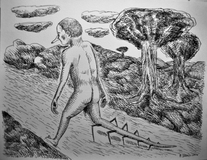 Desenho intitulada "Mille-pattes vu de…" por Patrick Jannin, Obras de arte originais, Tinta