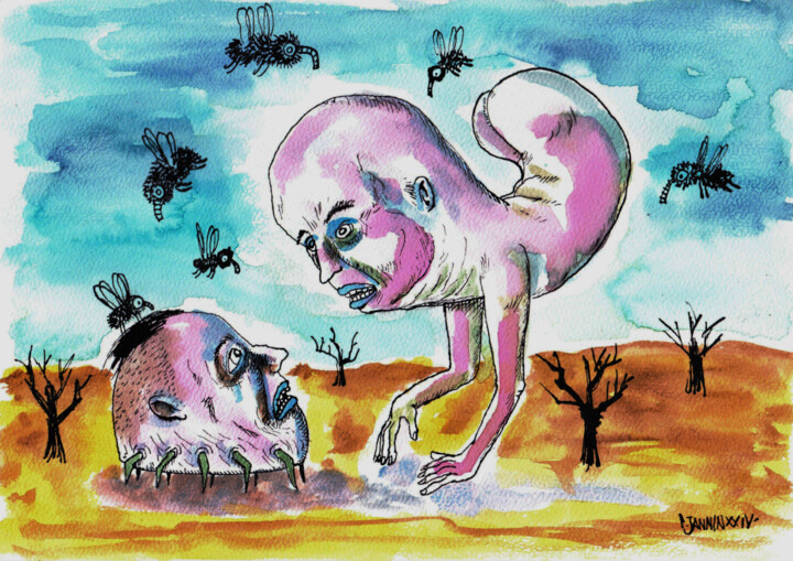 Dessin intitulée "Deux poneys" par Patrick Jannin, Œuvre d'art originale, Encre