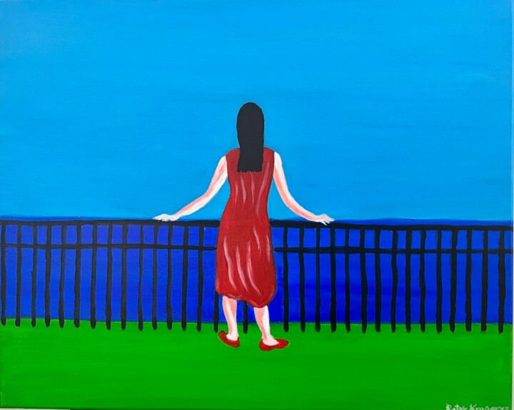 Painting titled "The Girl in a Red D…" by Peter Kruger, Original Artwork, Acrylic