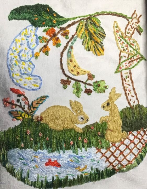 Sztuka tkaniny zatytułowany „Petits lapins” autorstwa Lisette, Oryginalna praca, Haft Zamontowany na Inny sztywny panel