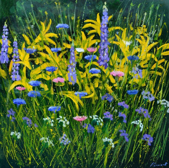 Painting titled "My garden flowers" by Pol Ledent, Original Artwork, Oil Mounted on Wood Stretcher frame