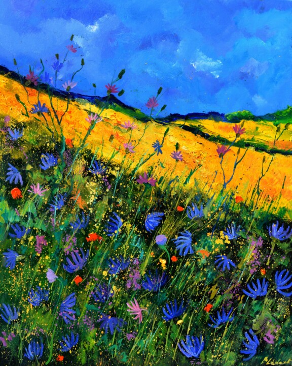 Картина под названием "Wild cornflowers -…" - Pol Ledent, Подлинное произведение искусства, Масло Установлен на Деревянная р…