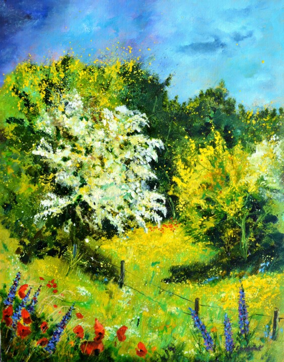 Pintura titulada "Blooming hawthorn" por Pol Ledent, Obra de arte original, Oleo Montado en Bastidor de camilla de madera