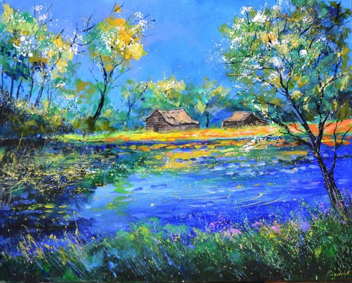 Pintura intitulada "Pond in spring" por Pol Ledent, Obras de arte originais, Óleo Montado em Armação em madeira