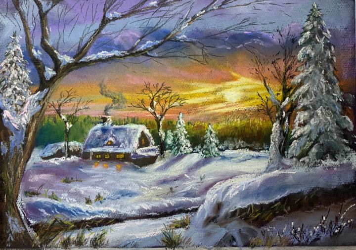 Peinture intitulée "Зимний вечер в дере…" par Denis Bezrodnyi, Œuvre d'art originale, Pastel