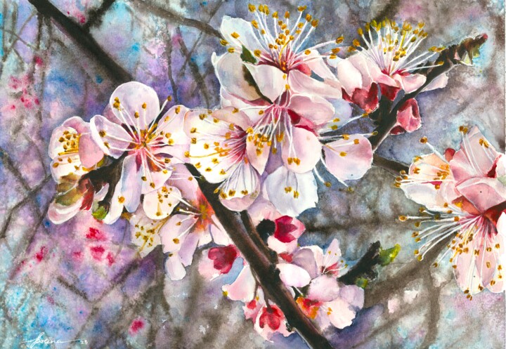 Pintura titulada "Cherry Blossoms" por Polina Turgunova, Obra de arte original, Acuarela