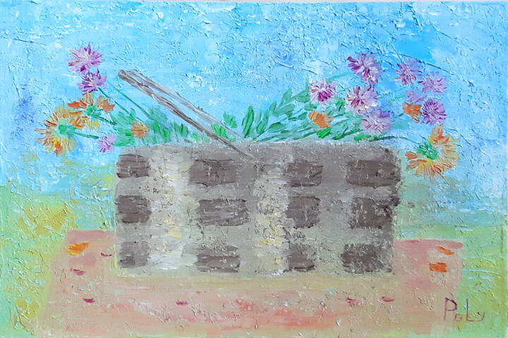 Painting titled "Basket with flowers…" by Poly, Original Artwork, Oil Mounted on Wood Panel