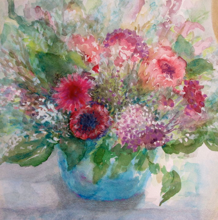 Painting titled "Pink Flowers" by Bernice Grundy, Original Artwork, Watercolor
