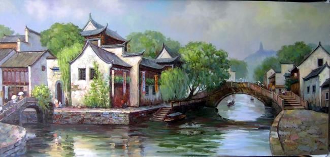 Peinture intitulée "江南水乡油画，风景油画" par Thai Lin, Œuvre d'art originale, Huile