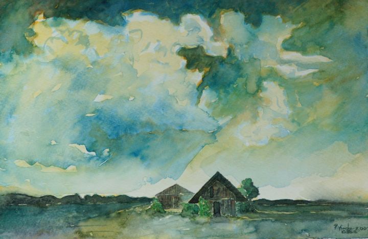 Картина под названием "House In The Fields" - Pracha Yindee, Подлинное произведение искусства, Акварель