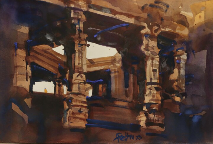 Painting titled "Stepped well into h…" by Prashant Prabhu, Original Artwork, Watercolor