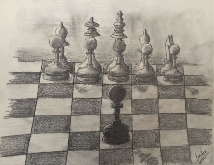 Drawing titled "satranç(tek başına)" by Celi̇L Ağa, Original Artwork, Charcoal