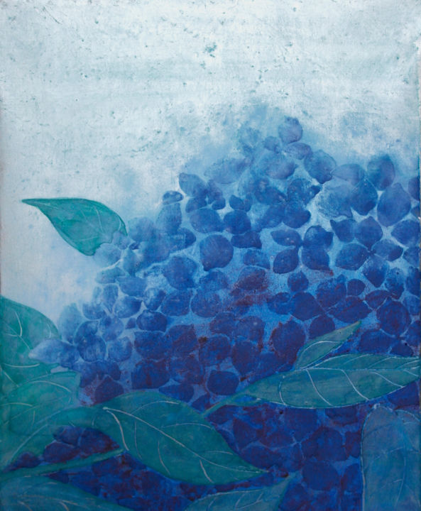 Painting titled "Ajisai" by Priscilla Moore, Original Artwork, Pigments Mounted on Wood Panel