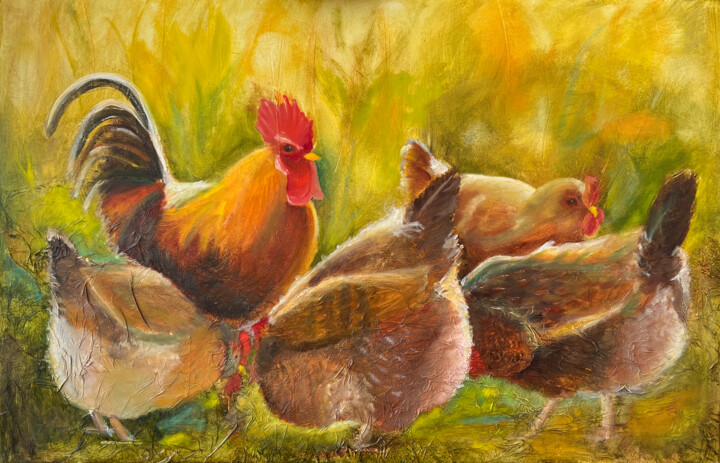 Peinture intitulée "Hühnerschar" par Priska Heri Monjé, Œuvre d'art originale, Huile