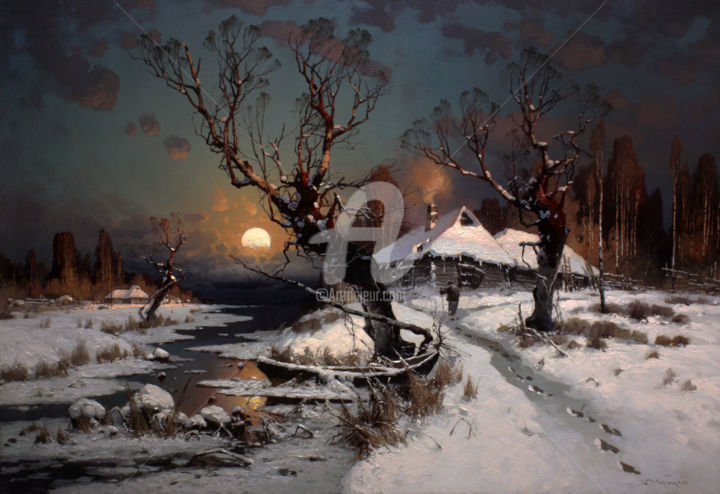 Malerei mit dem Titel "Frosty night" von Yuri Pryadko, Original-Kunstwerk, Öl