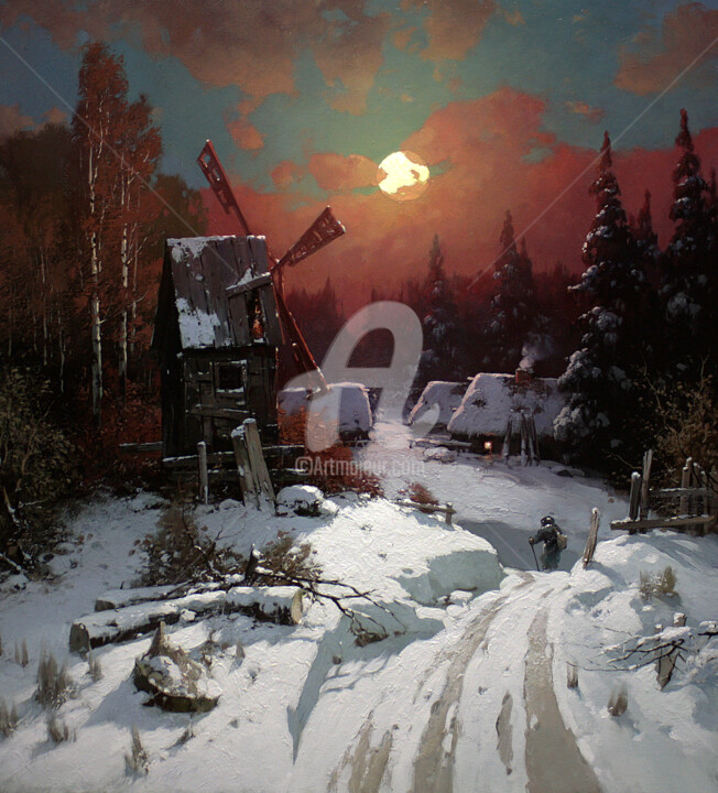Malerei mit dem Titel "Moonlight Winter Ni…" von Yuri Pryadko, Original-Kunstwerk, Öl