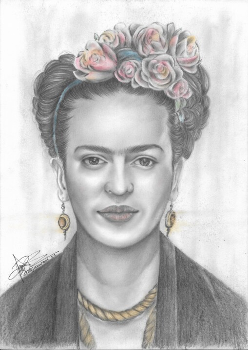 Zeichnungen mit dem Titel "Portrait of Frida K…" von Putu D. Sachslehner (ARTNYASWARI), Original-Kunstwerk, Graphit