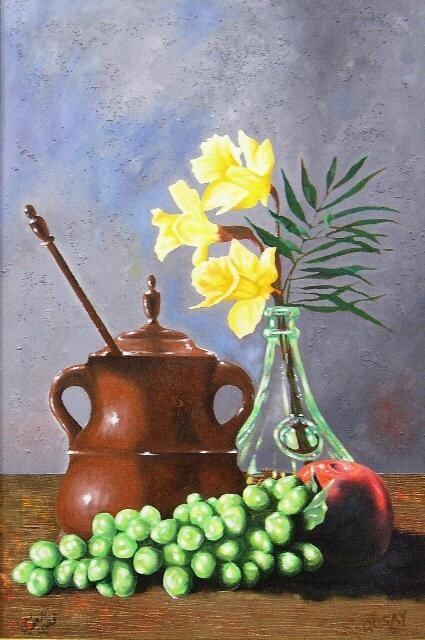 Schilderij getiteld "Flower & vase" door Qusay Alawami, Origineel Kunstwerk, Olie