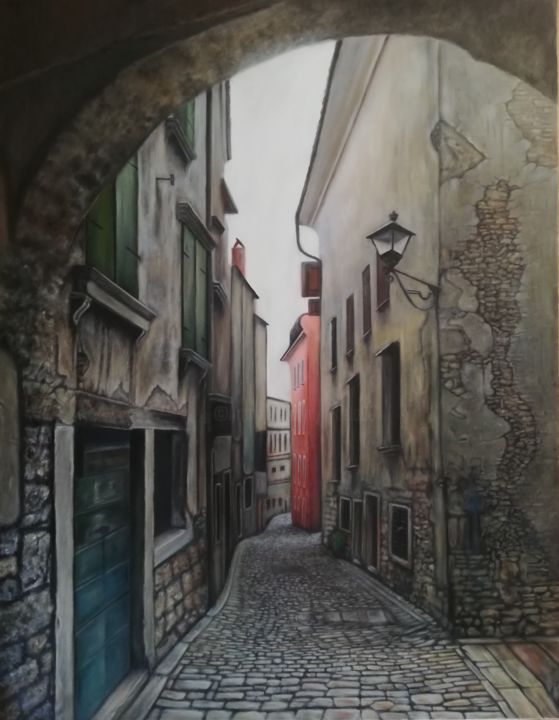 Schilderij getiteld "Old town" door Nela Radomirovic, Origineel Kunstwerk, Olie