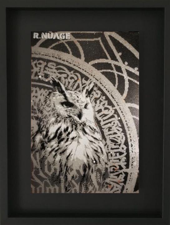 Malarstwo zatytułowany „Black Owl” autorstwa R.Nuage, Oryginalna praca, Szablon Zamontowany na Karton
