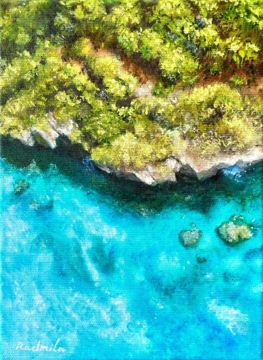 Malarstwo zatytułowany „Curaçao beach” autorstwa Radmila Lipska, Oryginalna praca, Olej Zamontowany na Drewniana rama noszy