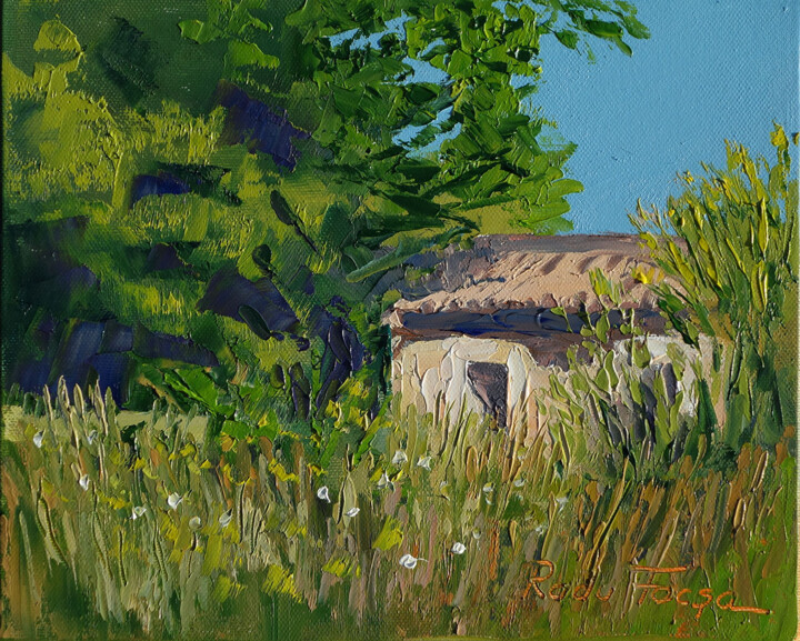 Painting titled "Paysage avec cabanon" by Radu Focsa, Original Artwork, Oil