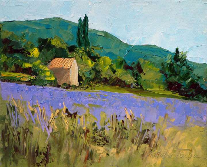 Painting titled "Paysage avec lavand…" by Radu Focsa, Original Artwork, Oil