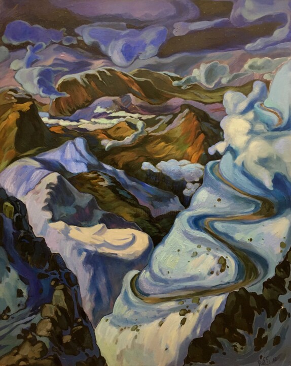 Painting titled "''Mountains'''" by Raffi Ghazaryan, Original Artwork, Oil Mounted on Wood Stretcher frame