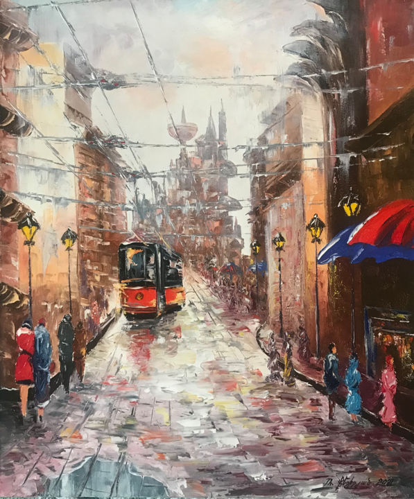 Painting titled "City life (50x60cm,…" by Raffik Qeshishyan, Original Artwork, Oil Mounted on Wood Stretcher frame